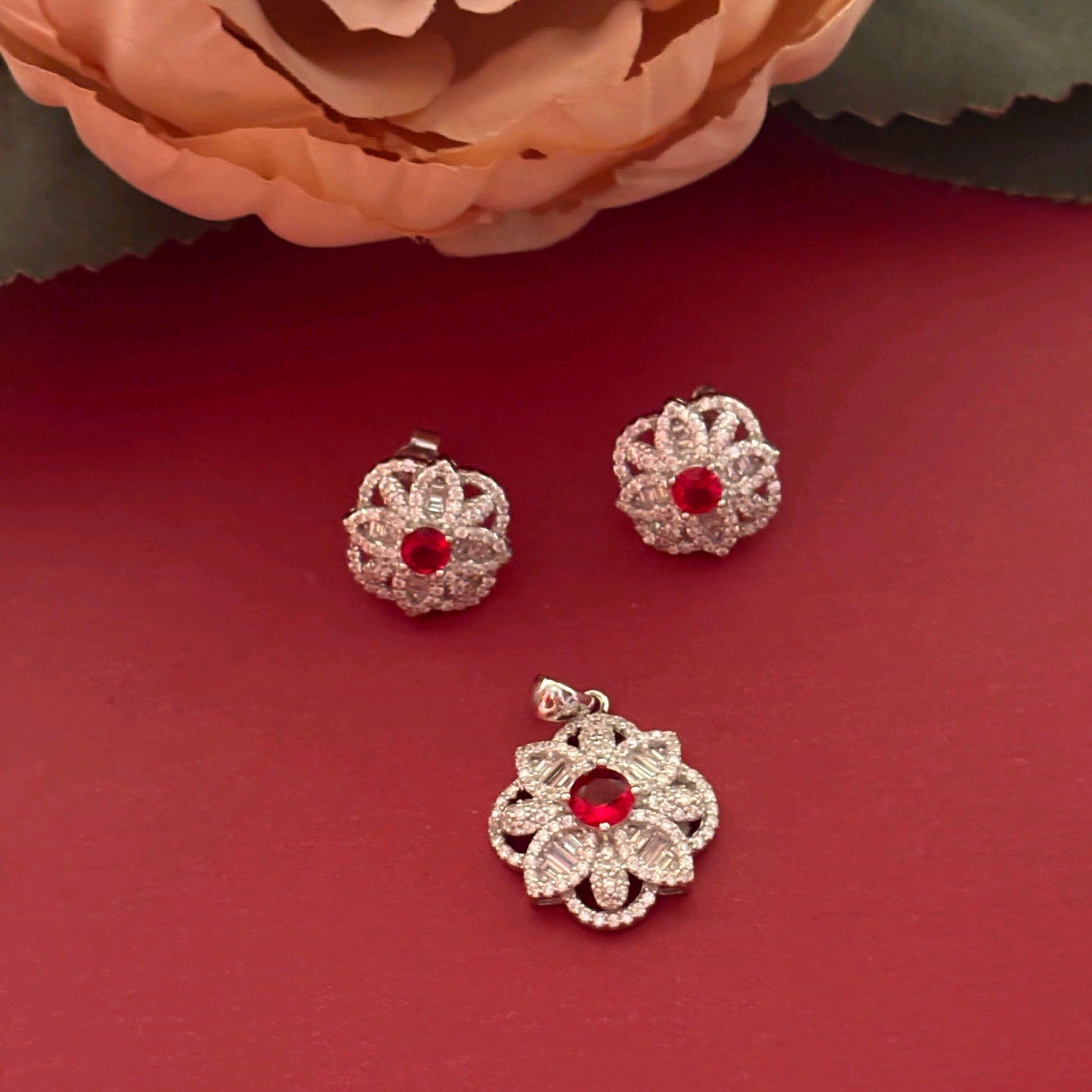 Victorian Style Ruby N CZ Pendant Set 